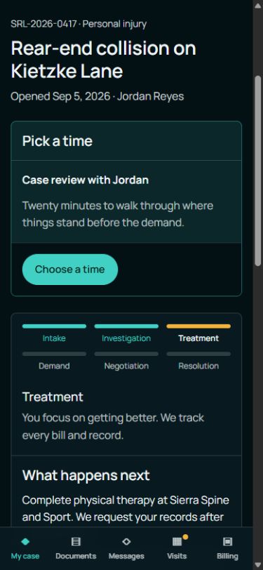 The demo client portal: a personal injury matter with its stage, next step, team and timeline